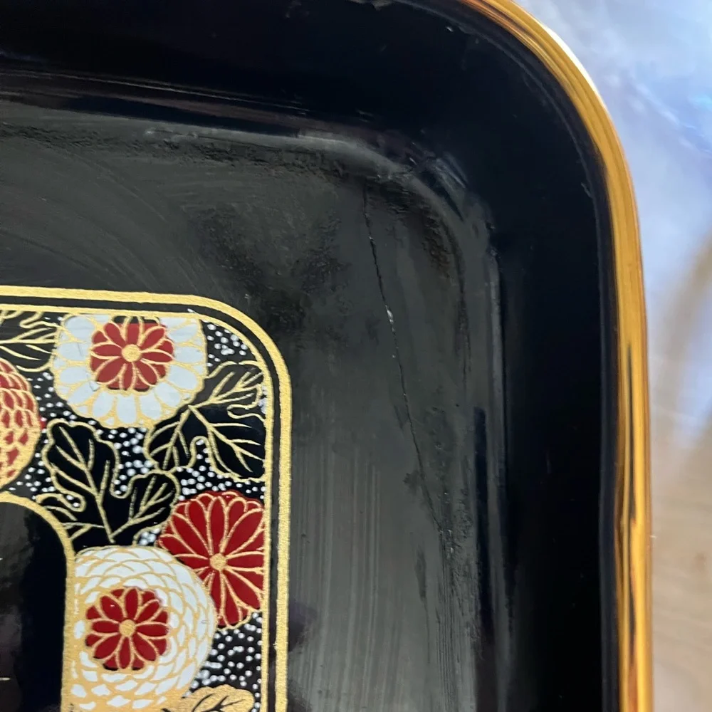 Vintage Japan lacquerware black gold peacock floral serving trays, set of two